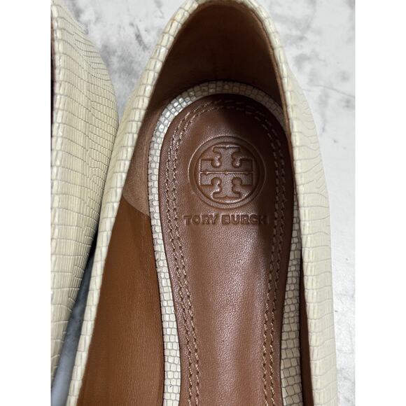 Tory Burch Mini Miller Flats Logo Medallion 9M Cream Embossed Reptile Leather - Picture 7 of 11